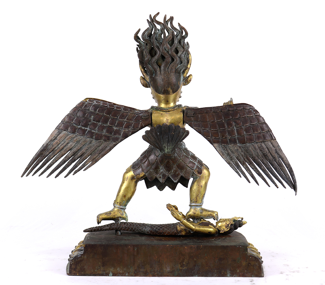 Himalayan copper alloy sculpture of Garuda, standing above a mermaid on a separate lotus pedestal ( - Image 3 of 3