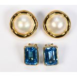 (Lot of 2) Blue topaz, mabe pearl and yellow gold earrings Including 1) pair of Cellino mabe pearls,