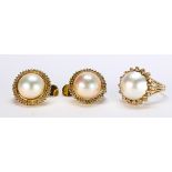 Mabe pearl, diamond and 14k yellow gold jewelry suite Including 1) mabe pearl, diamond and 14k