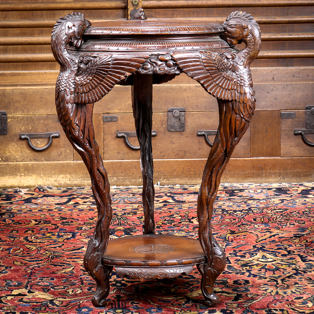 Japanese two-tiered wooden side table, Meiji period,, circular table tops held by tripod carved in - Image 2 of 5