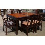 (lot of 9) Chinese dining table and eight chairs, the table top inset with burl wood panels, above