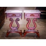 Pair of Victorian marble top side tables, having a white variegated marble top over the one drawer