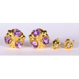 (Lot of 2) Amethyst, diamond and yellow gold earrings Including 1) pair of amethyst heart and