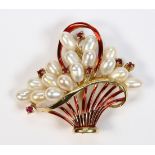 Cultured pearl, ruby, enamel and 14k yellow gold flower basket brooch Designed as a basket of