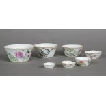 (lot of 7) Group of Chinese porcelain cups of graduated sizes, the tapering walls decorated with