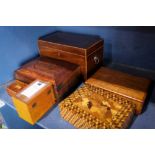 (lot of 6) Antique inlaid box group, consisting of various table top boxes, all with a hinged lid