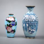 (lot of 2) Japanese cloisonne vases: one with pale blue ginbari with peonies; the other with light