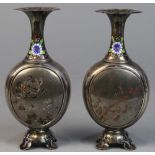 Pair of Japanese enameled silver vases, Meiji period, flared flower shaped rim and neck on a
