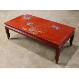 Japanese vermilion lacquered low table, painted with three mallard ducks by the water plants, 47.5"