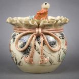 Japanese Satsuma lidded jar, 19th century, in the form of gathered pouch with molded sash, bulbous