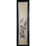 Japanese scroll, ink and colors on paper, depicting steep mountains, pine trees and a villa, with