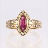 Ruby, diamond and 14k yellow gold ring Centering (1) marquise-cut ruby, weighing approximately 0.