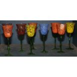 (lot of 9) One bin art art glass stemware, each goblet as as a tulip, 9.5"h