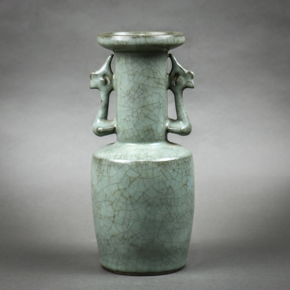 Chinese Guan type ceramic vase, with a dish rim and cylindrical body flanked by stylized handles, - Image 3 of 5