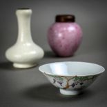 (lot of 3) Assorted Chinese porcelain: consisting of an inverted conical form cup, enameled with