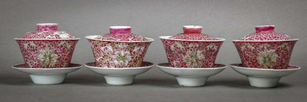 (lot of 4) Set of Chinese enameled porcelain lidded cups with saucers, each with stylized louts - Image 3 of 5