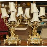 (lot of 2) French Sevres style gilt bronze candelabra, mounted as lamps, electrified, each having