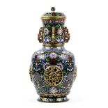 Chinese cloisonne enameled lidded vase, of double wall construction, with a trumpet neck and black