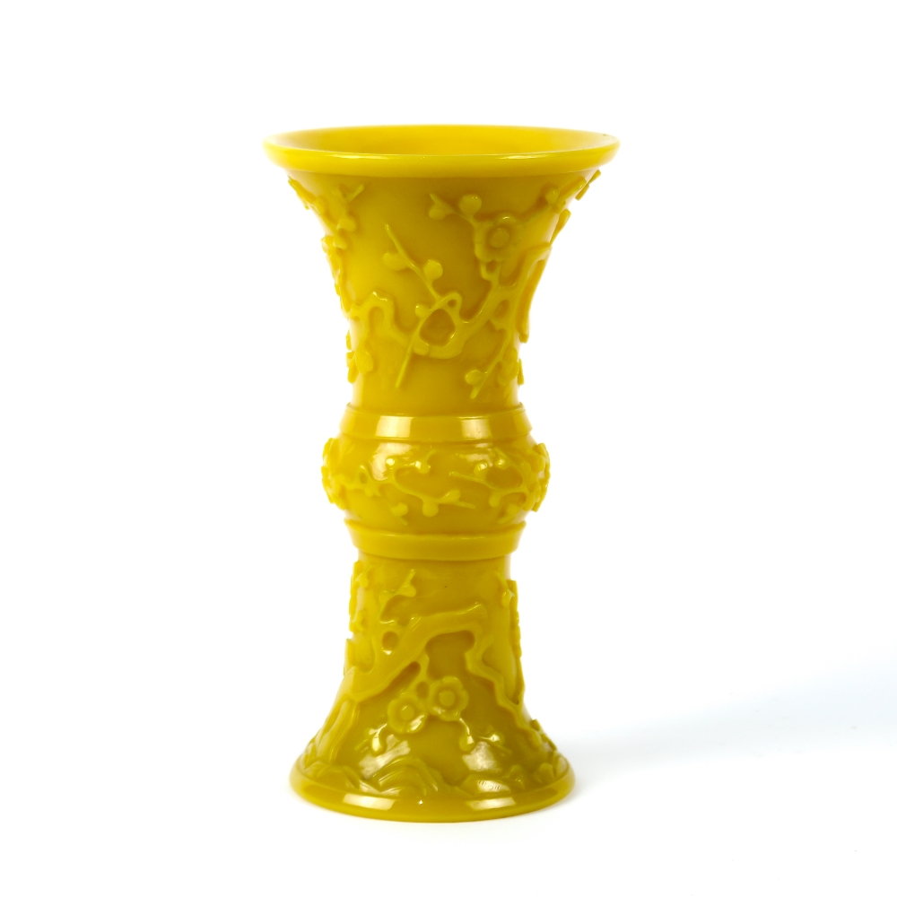 Chinese yellow Peking glass vase, of gu form with flowering prunus to the gnarling branches, 8.5"h - Image 2 of 5