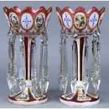 Pair of Bohemian style lustres, each having a polychrome decorated body accented with crystal