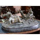 Bronze sculpture of horses and figures, possibly Russian, rising on an oval naturalistic base, 14"