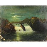 German School (19th century), Moonlight River Landscape, oil on canvas, unsigned, canvas (unframed):