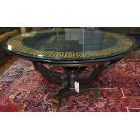 Nierman-Weeks neoclassical style paint decorated and partial gilt center table, having a circular