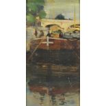 Alson Skinner Clark (American, 1876-1949), "Seine Boat Paris," 1901, oil on board, label affixed
