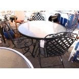 (lot of 5) Patio furniture group, consisting of a dining table, and four chairs in black painted