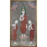 Framed Southeast Asian Buddhist painting, the Buddha, ink and color on textile, accompanied by the