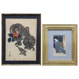 (lot of 2) Japanese woodblock prints: Ohara Koson (=Toson, 1877-1945), "Persimmon and Monkeys",