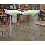 Pair of contemporary Steelcase scoop bar stools, having a candy apple green upholstered seat