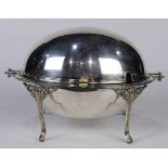 Edwardian silver plate chafing dish, having a rolling domed lid bearing a scripted monogram, with