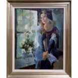 American School (20th century), Woman at the Window, oil on canvas, signed indistinctly "Sergel (?)"