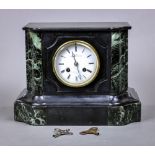 French L Raby marble and slate mantle clock, having an enamel decorated dial with Roman markers