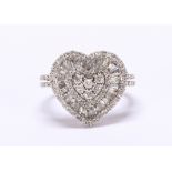 Diamond and 14k white gold heart ring Featuring (80) full-cut and (31) baguette-cut diamonds,