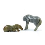 (lot of 2) Chinese hardstone horses: first of recumbent form executed from a brown-green matrix; the