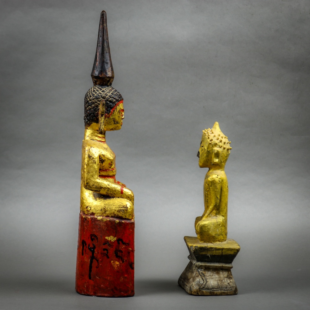 (lot of 2) Southeast Asian gilt wood Buddhas: first, sculpted in strong angles, the oval face topped - Image 3 of 7