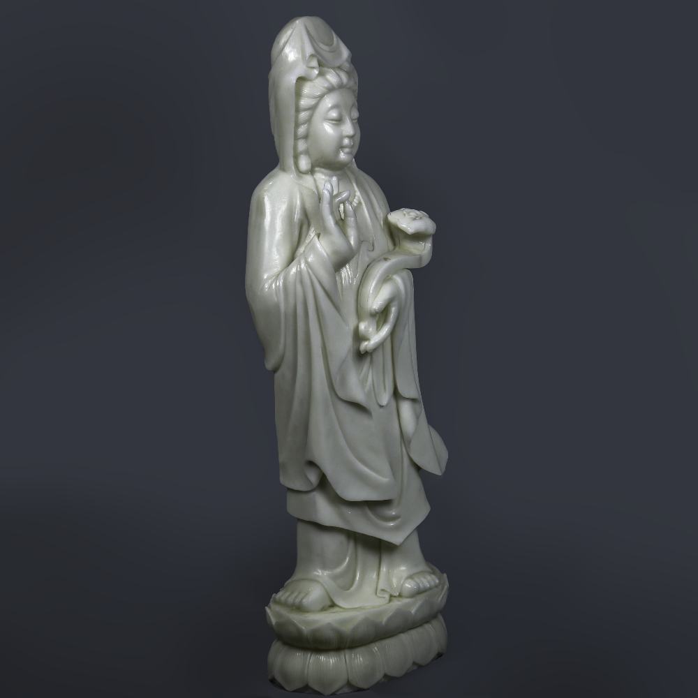 Chinese large stone sculpture of Guanyin, the standing bodhisattva holding a ruyi scepter, 39"h - Image 2 of 6
