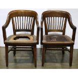 Pair of W.H. Gunlocke armchairs, having a shaped crest-rail over the vertical slat back, 34.5"h x