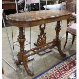 Victorian style inlaid occasional table, having a shaped top with parquetry inlaid bands over turned