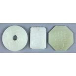 (lot of 3) Chinese jade plaques: first, of octagonal form with shuangxi emblem; second, a