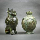 (lot of 2) Chinese archaistic bronze vessels: the first, a zun of bird form; the second, a lidded