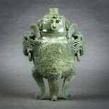 Chinese Mughal-style jadeite urn, with a floral finial and handles suspending loose rings, the