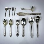 (lot of 12) Sterling silver serving utensil group, consisting of a pair of Mexican salad servers