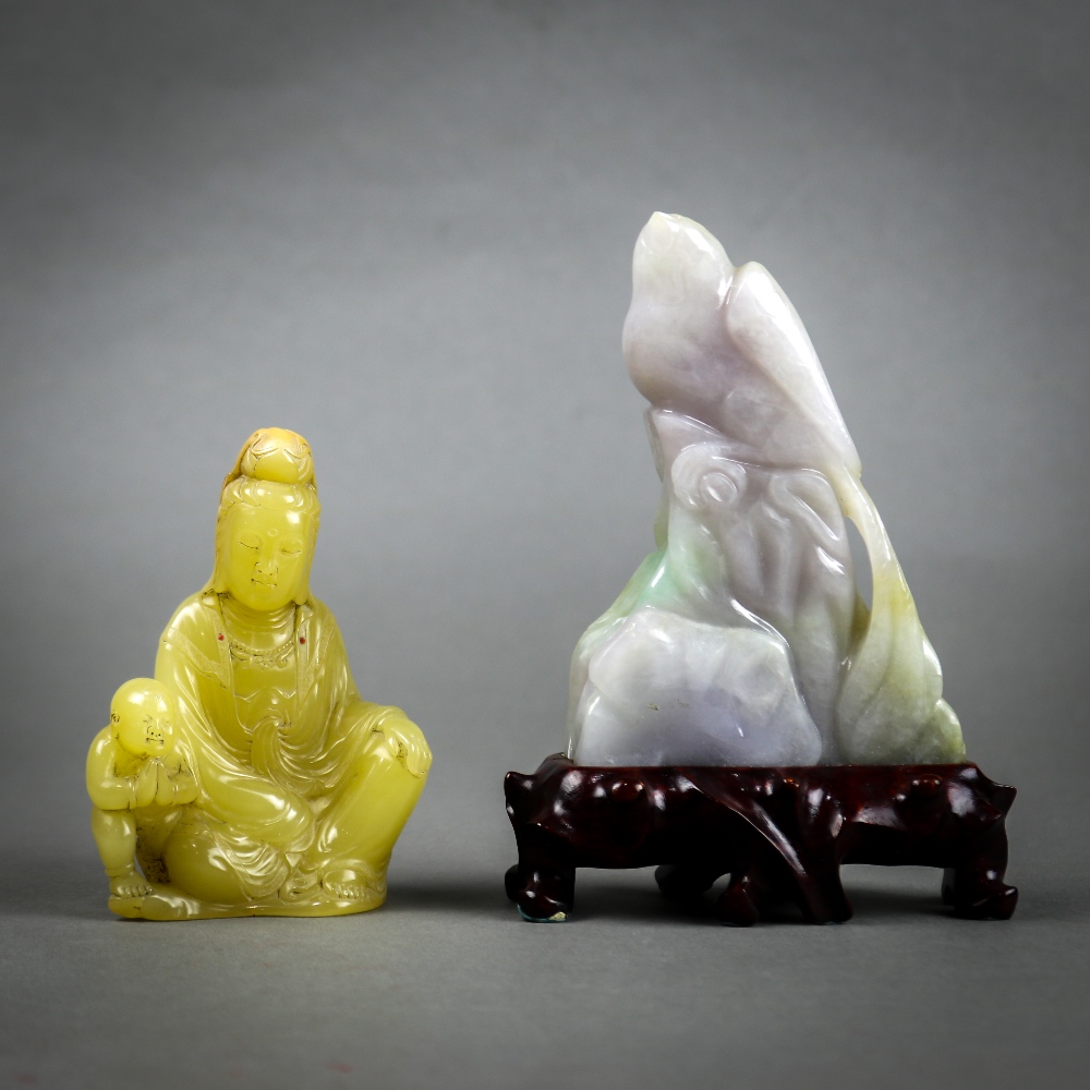 (lot of 2) Chinese hardstone carvings: first, of a bodhisattva seated in royal ease, accompanied