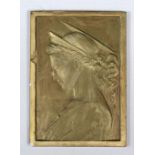 Framed gilt plaque, depicting a female in profile, entitled "Opus Pictum", 10” x 7"w