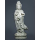 Chinese large stone sculpture of Guanyin, the standing bodhisattva holding a ruyi scepter, 39"h