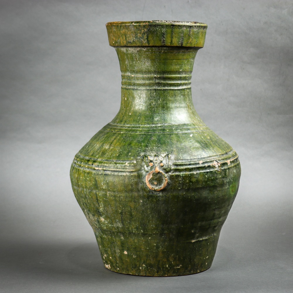 Chinese Han green glazed ceramic vase, with a trumpet neck above the wide shoulders and tapering - Image 2 of 5