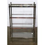 Moderne four tier shelving unit, having a chrome frame with spherical posts, and (4) glass